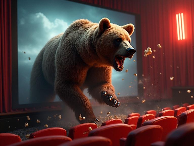 Gritty and intricate realism of a grizzly bear attacking from a movie poster in a theater. The bear appears to leap into the audience, startling a viewer who throws popcorn in the air. The poster titled 'GRIZZ' hangs on the wall with typical credits below.