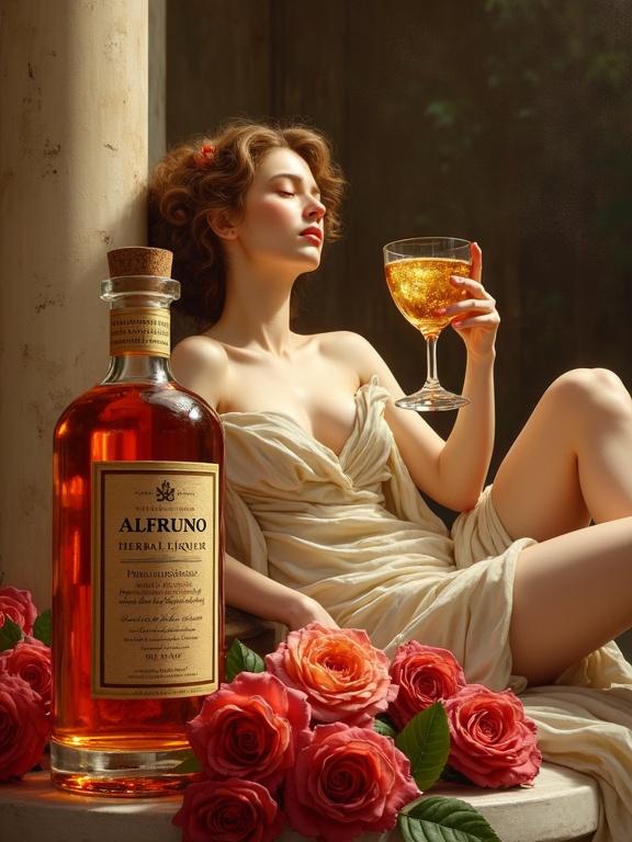 A Renaissance-style painting displays a modern Venus goddess reclining in a luxurious spa temple. Surrounding roses add beauty to the scene. A stylish apothecary spirit bottle filled with golden herbal liqueur is prominently placed. The bottle has a hang tag labeled 'ALFRUNO' and a cork lid. The goddess offers a toast with a cocktail glass, her golden lips shine in soft light. The detailed rendering captures Renaissance opulence with a modern touch.