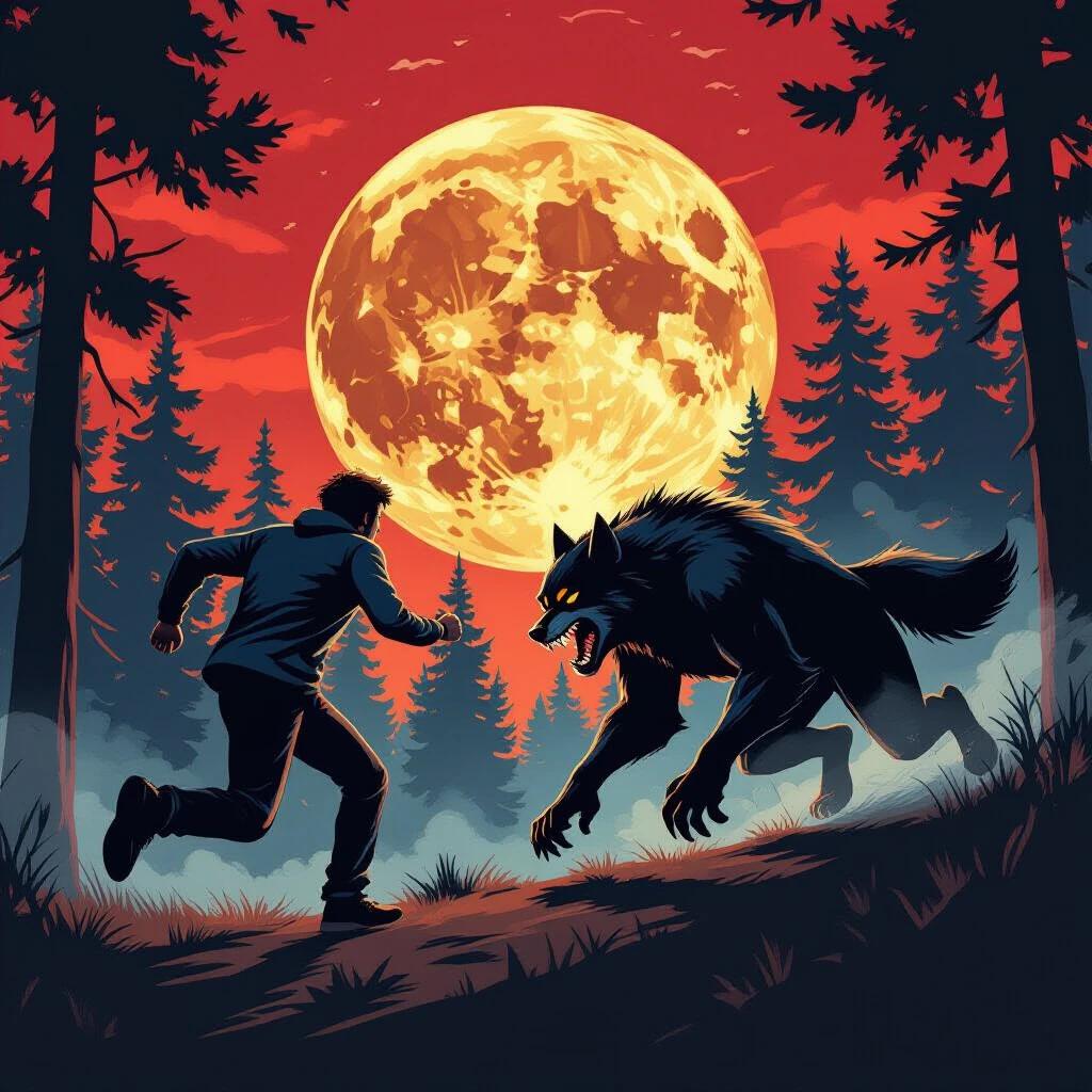 A man is running away from a werewolf in a comic book style. The setting includes a reddish full moon at night and a dark pine forest surrounding them.