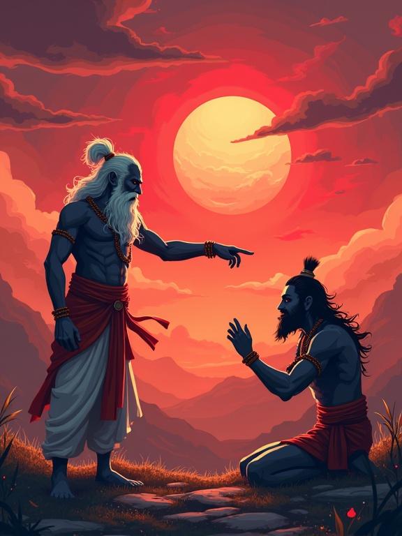 A scene depicting Parashurama and Karna in a moment of confrontation. Parashurama, an old giant guru, points angrily at Karna, who kneels with folded hands, appearing ashamed. The background features a dramatic red sky with a large sun. Visual elements suggest the emission of a curse, adding to the emotional intensity. The scene has a slight camera shake for effect.