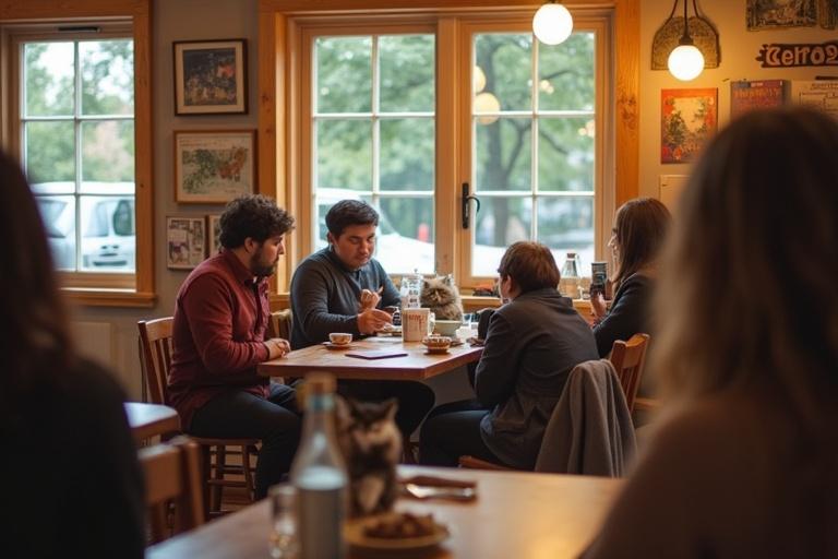 Inside a cat café with visitors seated at a table. Small group focused on their chats and drinks. The ambiance is warm and inviting. Neutral-toned decor enhances the scene. Large windows allow natural light to flood in. Cats are subtly present in the environment.