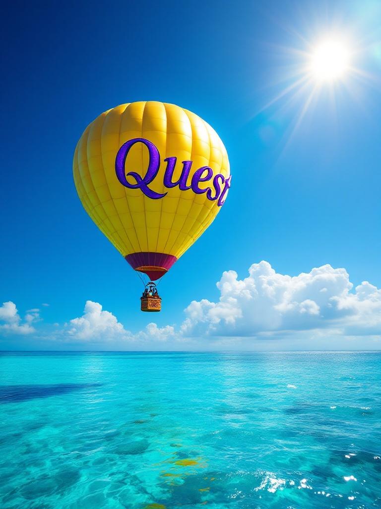 A vibrant hot air balloon floats over turquoise waters. The balloon is gold with the word 'Quest' in shiny purple. Bright sun shining in a blue sky. Gentle reflections on the water. Soft clouds on the horizon.