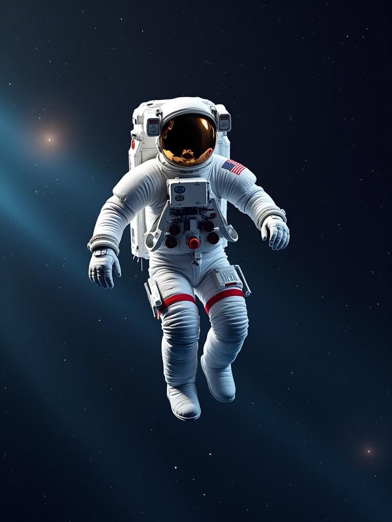 Astronaut in a white space suit floating in the vastness of space with stars and distant celestial objects in the background.