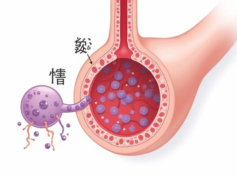 Detailed medical illustration shows a blood vessel cross-section. Tumor is located outside the vessel. Tumor connects to the vessel through small branches. Purple cancer cells are leaking into the blood. Inside the vessel are red blood cells and purple cancer cells. Labeled in Japanese. Clean white background. Educational infographic design with bold colors.