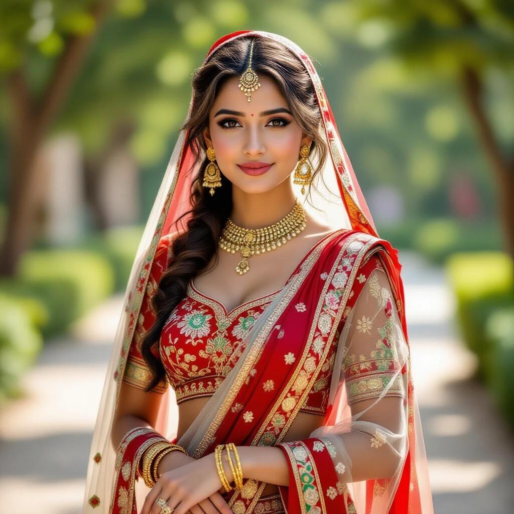 A girl wears a red and gold Indian dress with intricate details. She stands outdoors among greenery. The image emphasizes the richness of Indian fashion.