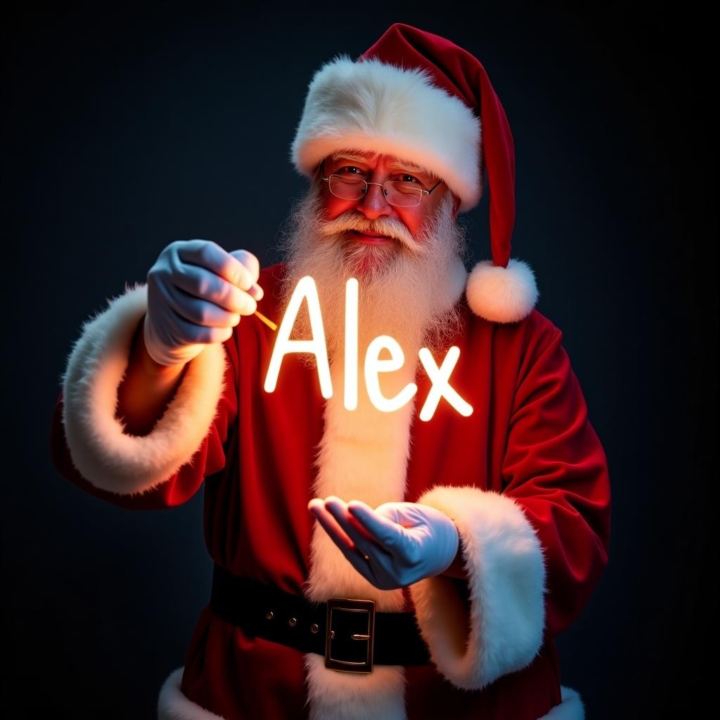 Santa Claus in a red and white suit holds a glow stick that spells out the name 'Alex'. He has a jolly expression. The background is dark. The glow from the name enhances the Christmas theme.