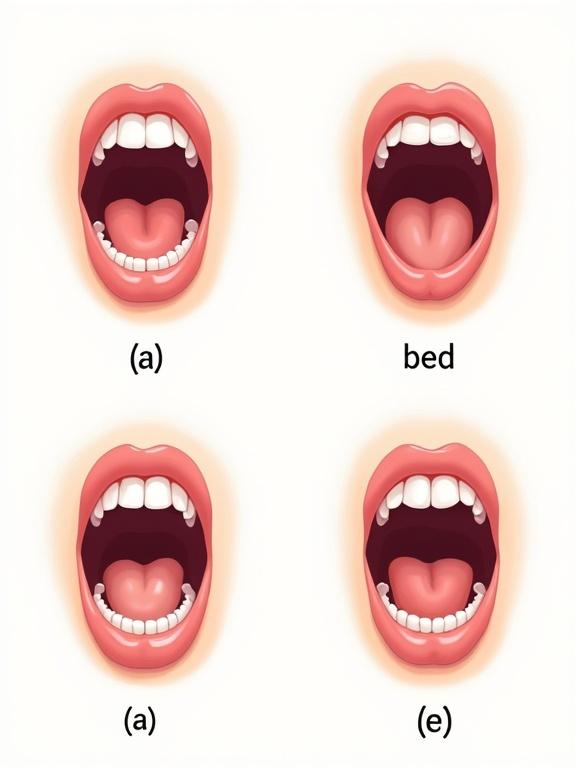 Detailed illustration of open mouths demonstrating pronunciation of vowel sounds. Four pairs of mouths are illustrated side-by-side. First pair shows /a/ and /a:/ with slightly different open positions. Second pair illustrates /i/ and /e/ with lip spread differences. Third pair contrasts /a:/ and /ɔ:/ with rounded lips. Fourth pair shows /ɔ:/ and /ɜ:/ with neutral position. Each pair includes IPA symbol and example word. Clean white background for educational purpose.