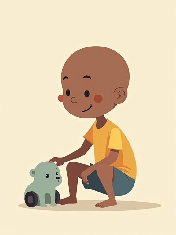A child with a bald head smiles while playing with a toy bear. The illustration is minimalist and features a diverse character. The child is wearing a yellow shirt and shorts. The toy bear is a soft green color. The overall style is playful and abstract with exaggerated proportions.