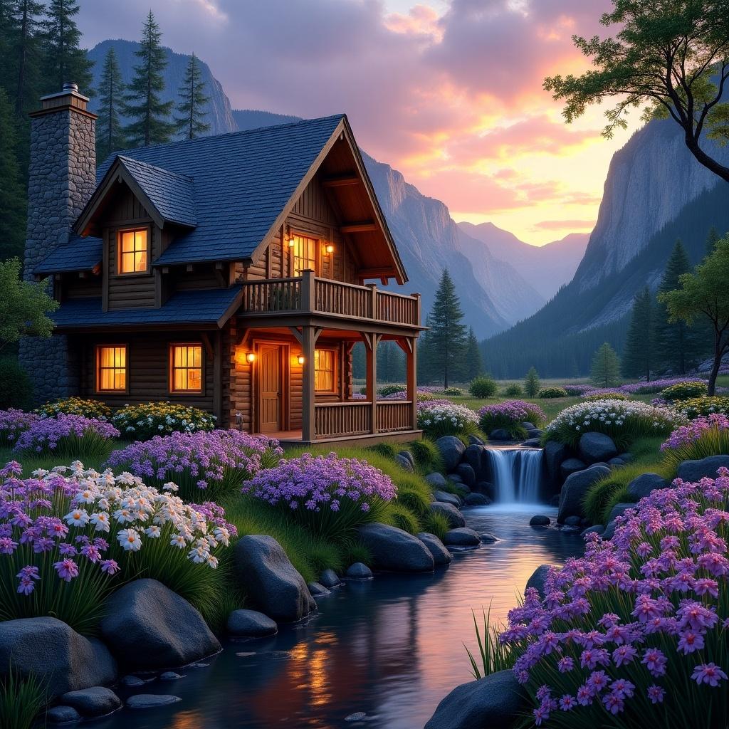 The image shows a charming two-story cabin house surrounded by a vibrant garden filled with irises in various colors. The house has a steep roof and a balcony with cozy warm lights. A clear stream flows past the house leading to a small waterfall. The surrounding landscape features tall green trees and a stunning sunset sky with dramatic colors.