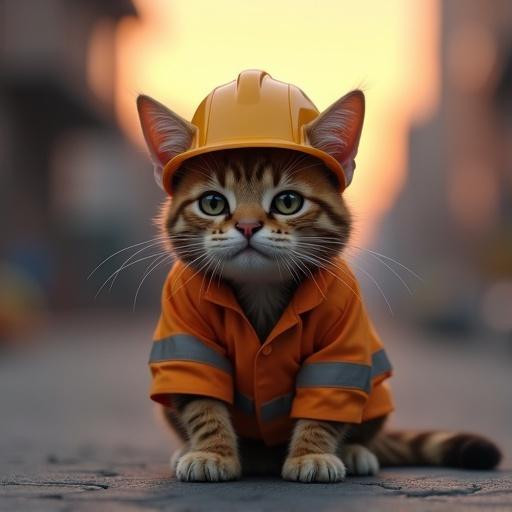 Realistic cat wearing safety uniform and helmet. Cat has sad face, teary eyes, ears low, tail dragging. Background shows construction site at dusk.