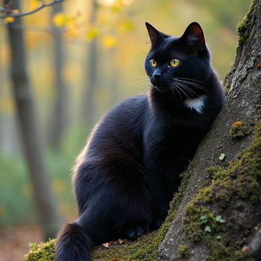 A black cat resting on a moss-covered tree trunk. The background features autumn foliage with soft natural lighting. The cat's fur is shiny and its eyes are large and striking. Focus on the cat's form and the calm setting.