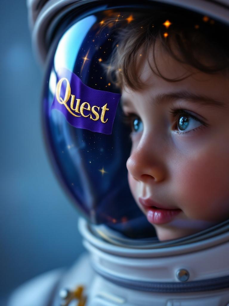 Close-up image of an astronaut's helmet. Reflective glass visor shows the word Quest in elegant gold letters on a purple flag. Shimmers of distant stars in the background. Represents a young voyager's dreams of exploration.