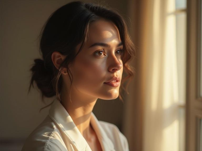 Portrait of a woman in her early 30s. Soft facial features. Light olive skin and deep brown eyes. Slightly wavy dark hair tied loosely. Wearing a simple white blouse. Looking gently to the side with a thoughtful expression. Softly blurred background. Warm natural light coming through a window. Calm and intimate atmosphere. Ultra-detailed and photorealistic. High resolution with shallow depth of field. Cinematic lighting.