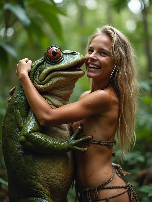 A joyful blonde warrior girl in the rainforest hugs a friendly large frog monster. She is tanned and covered with dirt. The creature has slimy skin and a toothy grin. Both appear happy in the natural setting.