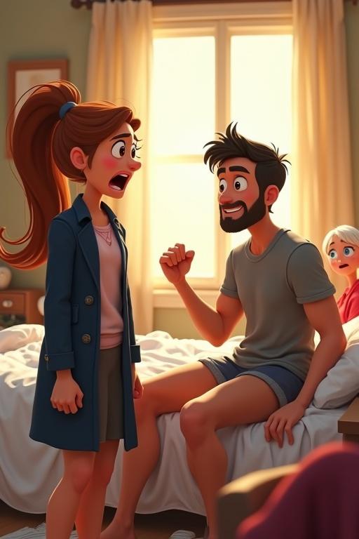 A cartoon scene in a CGI universe. Sunlit bedroom with clothes scattered and crumpled bedsheets. Woman stands at the foot of the bed, screaming through tears. She has a long chestnut ponytail and hazel eyes, wearing a navy trench coat over a pale pink blouse. Her fists are clenched and trembling. Husband sits on the bed, calm but tense, with tousled black hair and trimmed beard, wearing a grey T-shirt and boxer shorts, saying 'Let me explain.' Young mistress behind him has a short platinum pixie cut and oversized red hoodie, clutching the sheet. Pixar-level emotional detail, warm lighting, ultra-HD rendering.