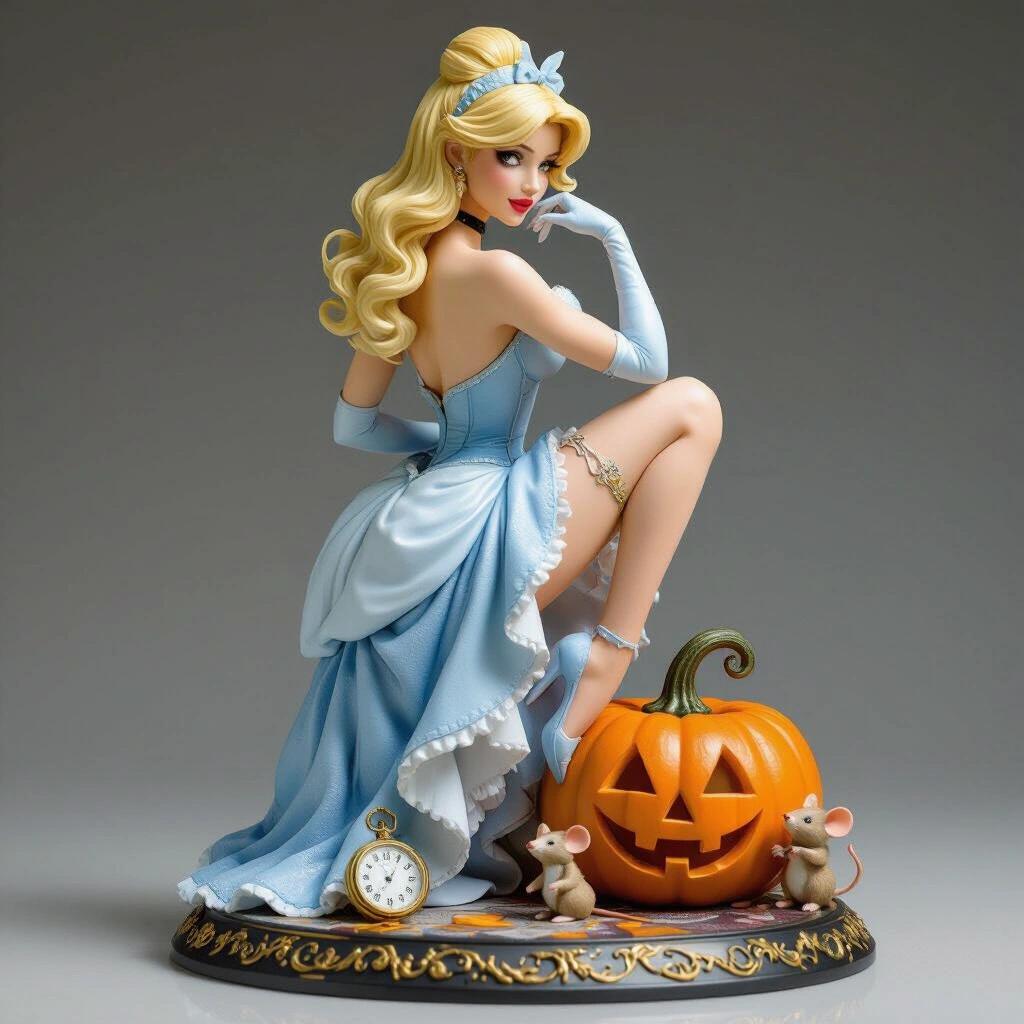 Ultra-detailed resin figure inspired by Cinderella. Extremely sensual elegant blonde woman with slender body fair skin delicate features. One leg elevated resting on decorative magic pumpkin arranging leg garter with hands. Back slightly arched expression conveys confidence. Base includes non-Halloween magic pumpkin pocket watch two dressed mice. Detailed feminine sensual fantastical style visually striking.