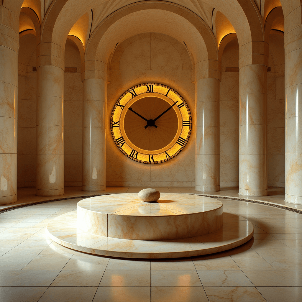 A grand marble hall with a large, illuminated clock featuring Roman numerals at its center.