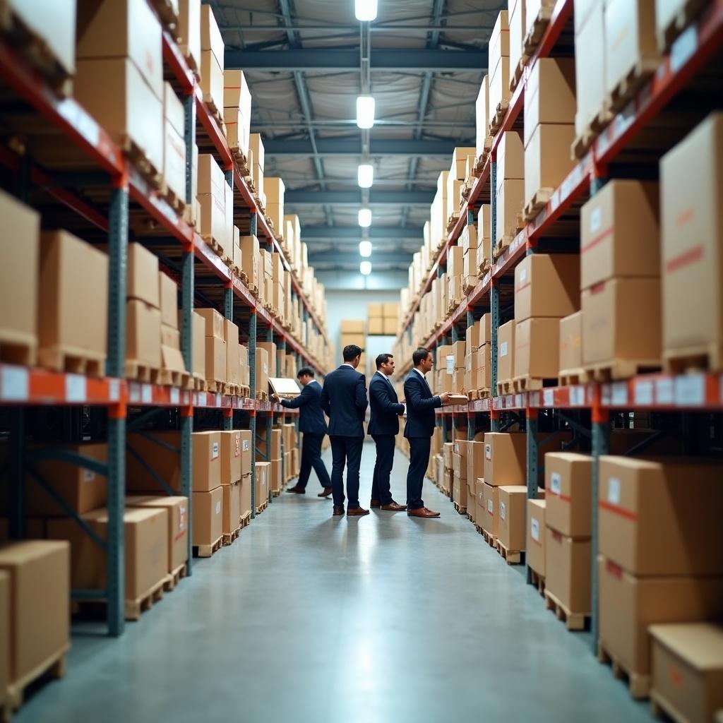 The image depicts an ecommerce warehouse filled with neatly organized boxes. Workers in business attire are seen managing inventory on the shelves. The environment is bright and spacious, with aisles between the rows of products. The shelves in the warehouse are labeled, showcasing an efficient organization system. This scene highlights the process of product listing and stock management in an ecommerce setting.