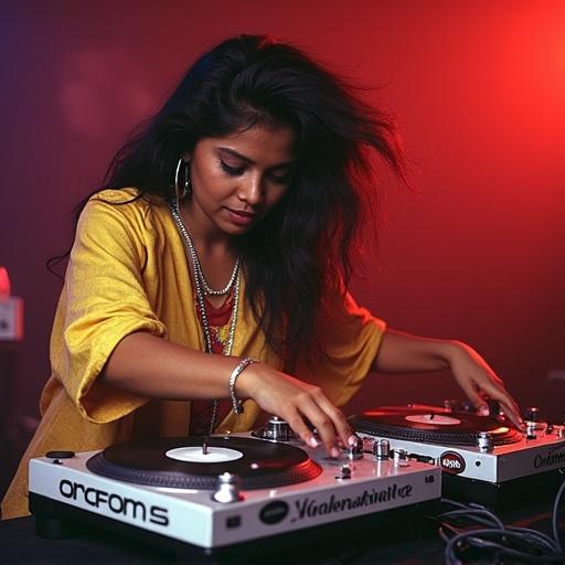 A female DJ performs at the 1992 Orofon World DJ mixing championships eliminations. She skillfully manipulates two turntables. The scene is vibrant and energetic. The focus is on her hands and the turntables. The lighting sets a dramatic tone.
