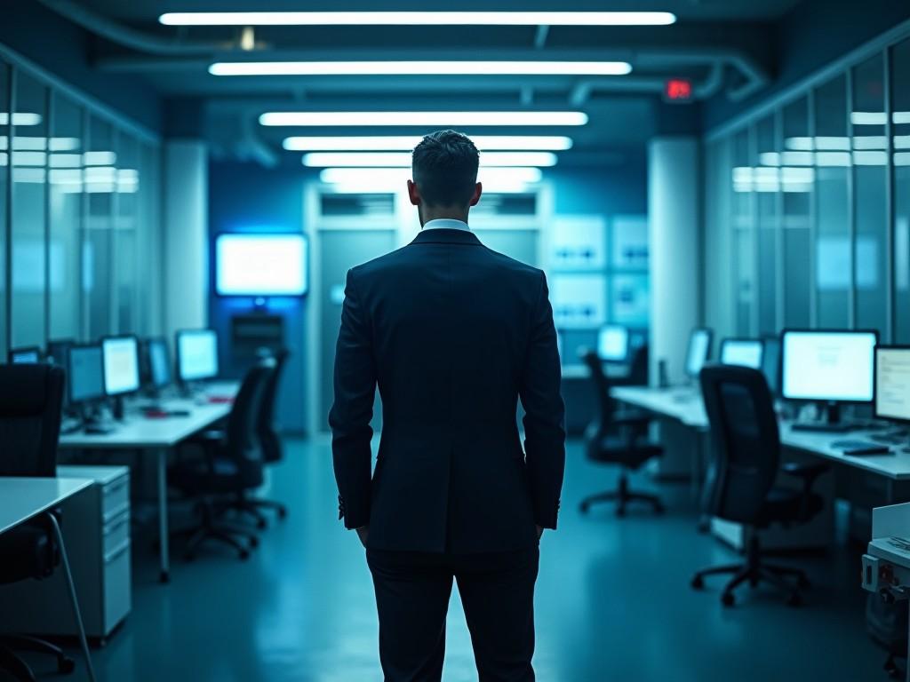 A sleek, suited figure stands in a modern office, surrounded by glowing screens. The space is dominated by cool blues and metallic grays, creating a professional ambiance. Overhead fluorescent lights cast stark shadows, enhancing the corporate feel. The image captures a sense of detachment, suggesting focus and professionalism. This scene is ideal for representing modern business environments and technology-driven workplaces.