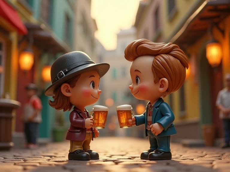 Scene shows two tiny toy men interacting in a tavern setting. They are holding up beer glasses in a playful manner. The setting is colorful and whimsical. Artwork captures satirical humor with exaggerated features. A lively and amusing atmosphere is created with vibrant colors and joyful theme.