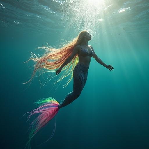 Photo of a mermaid swimming under water. Long rainbow hair flows around. Reaching for the surface of the sea.