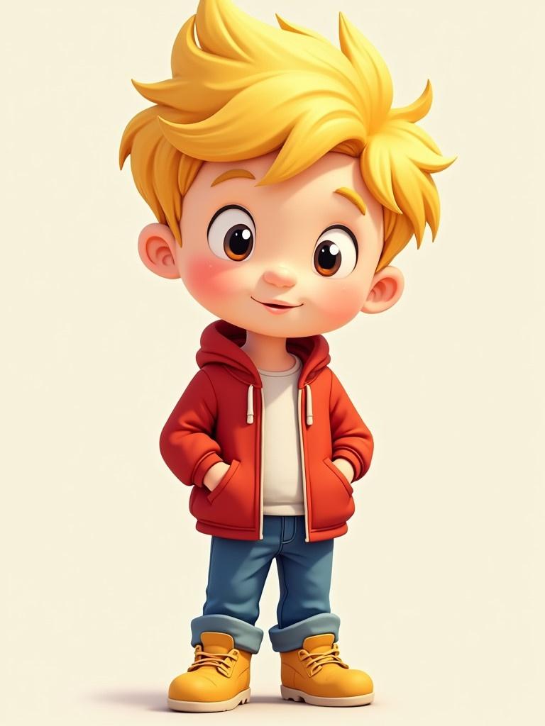 Cartoon boy with blond hair. The boy is wearing a red jacket. He has yellow shoes and blue jeans. The background is light.