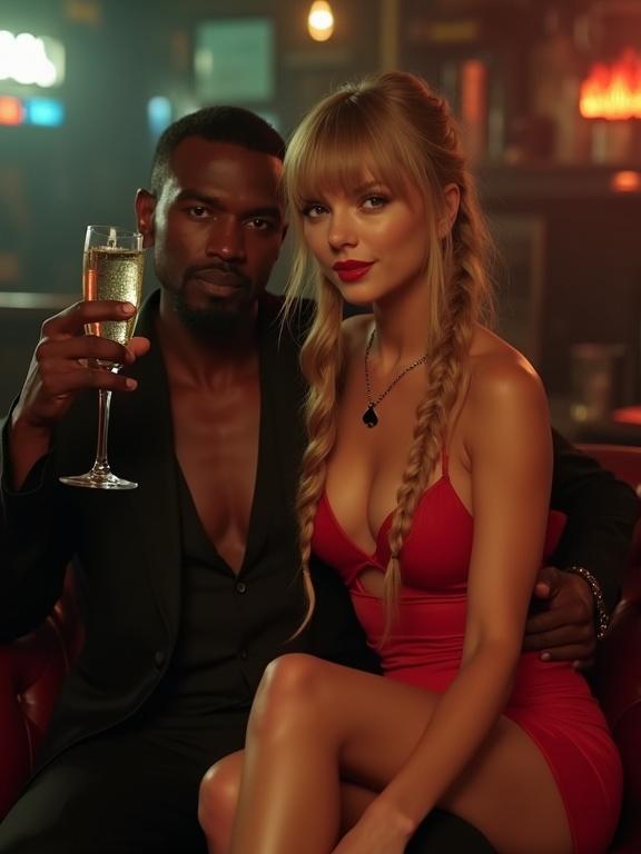 A couple sitting closely on a sofa in a dive bar. The woman has long blonde twintails, blue eyes, and wears a red cutout dress. She appears tipsy and is receiving champagne. The man is older, wearing a suit, and supports her. The bar is dimly lit with a bustling crowd around them.