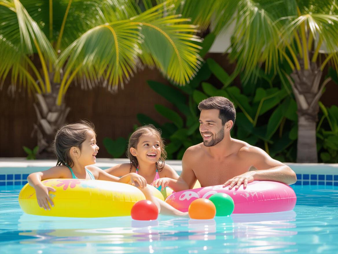 Image of children playing in a pool with colorful floats and a parent. Bright sunny day and lush greenery in the background.