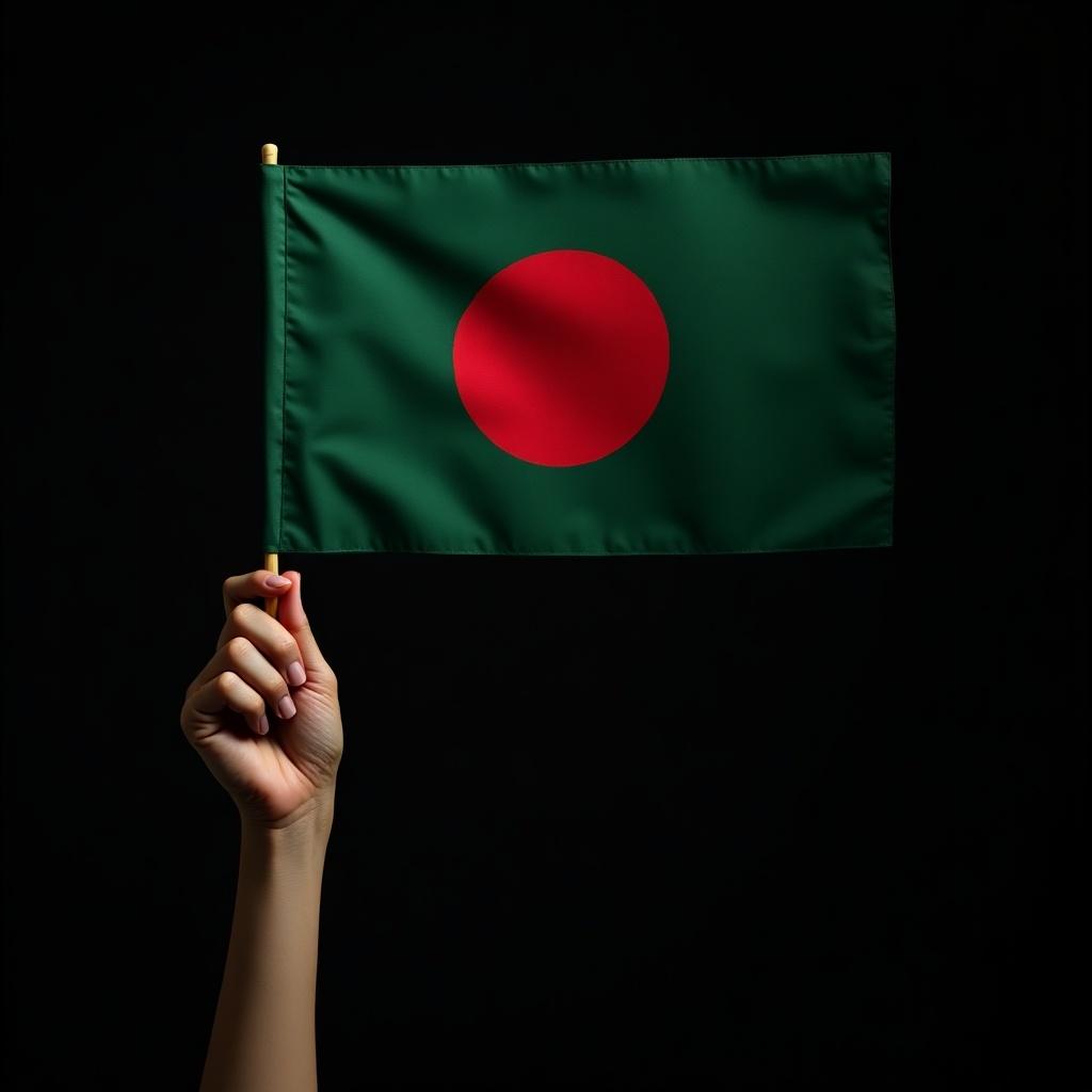 Hand holds a flag of Bangladesh. Dark studio background. Simple and focused representation of national identity.