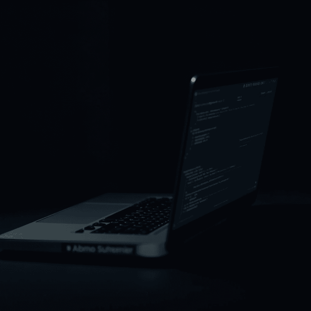 A dimly lit laptop screen displaying lines of code in a dark environment.