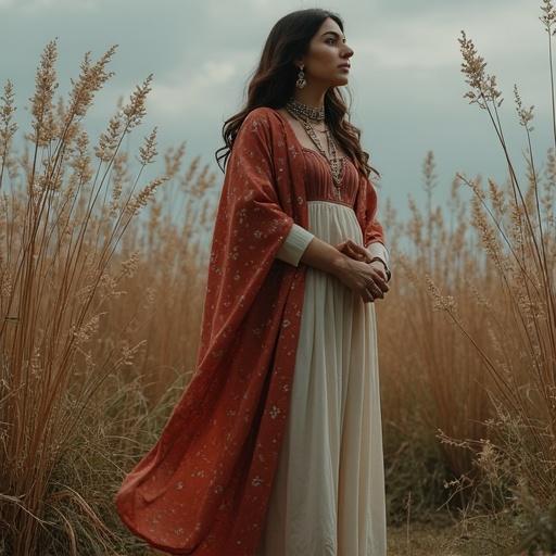Woman in traditional attire standing in tall grass. Soft lighting enhances the natural ambiance. The elegant dress flows with warm colors and intricate details. Captivating pose conveying confidence.