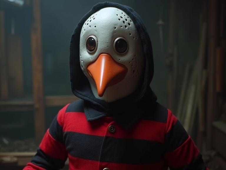 A character wears a mask that resembles a penguin's head and a hoodie. The costume is inspired by Freddy Krueger from Nightmare on Elm Street. The character stands in a dimly lit environment, emphasizing a spooky atmosphere.
