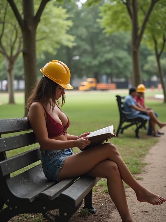 Woman sitting on a bench in a park wearing a hard hat and reading a book. Construction workers in the background. Summer day with bright colors. Low resolution image with pixelation and saturation.