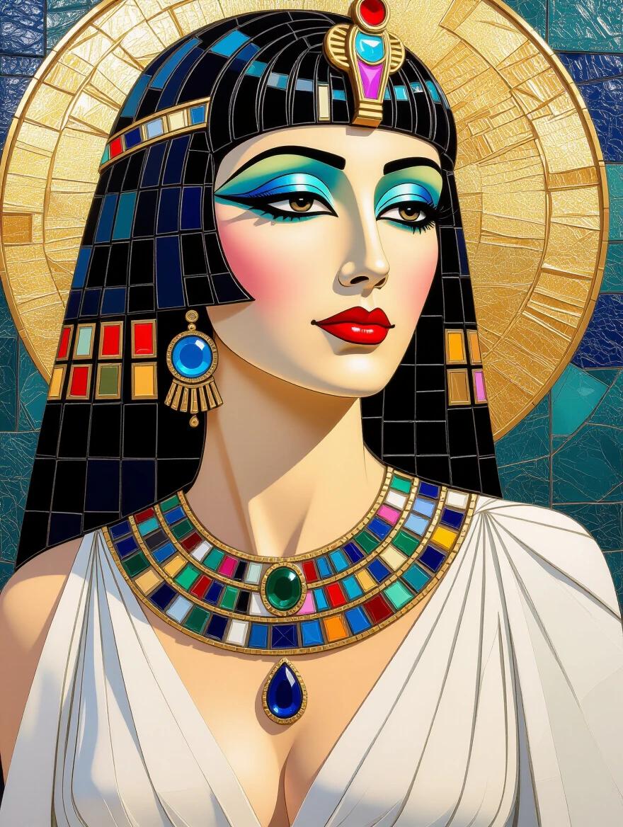A detailed representation of Cleopatra wearing an elaborate iridescent ceramic tile and glass mosaic neckpiece and jewelry. An ethereal and abstract artistic style evokes the essence of Gustav Klimt. The artwork employs encaustic mixed media techniques to create a stunning visual effect.