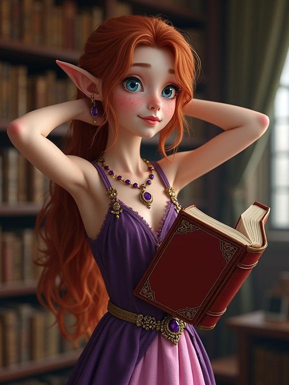 Photo realistic image of a cute teen elf girl with auburn ponytail wearing a purple and pink dress in a library holding a large red book with a playful expression