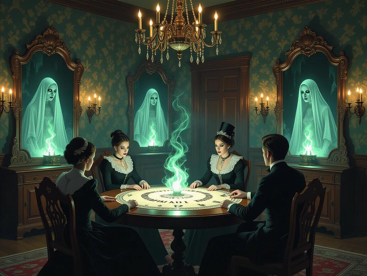 An ornate Victorian parlor scene during a séance. Ghostly figures emerge from antique mirrors. Elegantly dressed participants sit around an ornate ouija board. Candles flicker with green flames. The artwork combines dark romanticism with biomechanical elements. The texture resembles oil painting. The image is highly detailed and features supernatural lighting.
