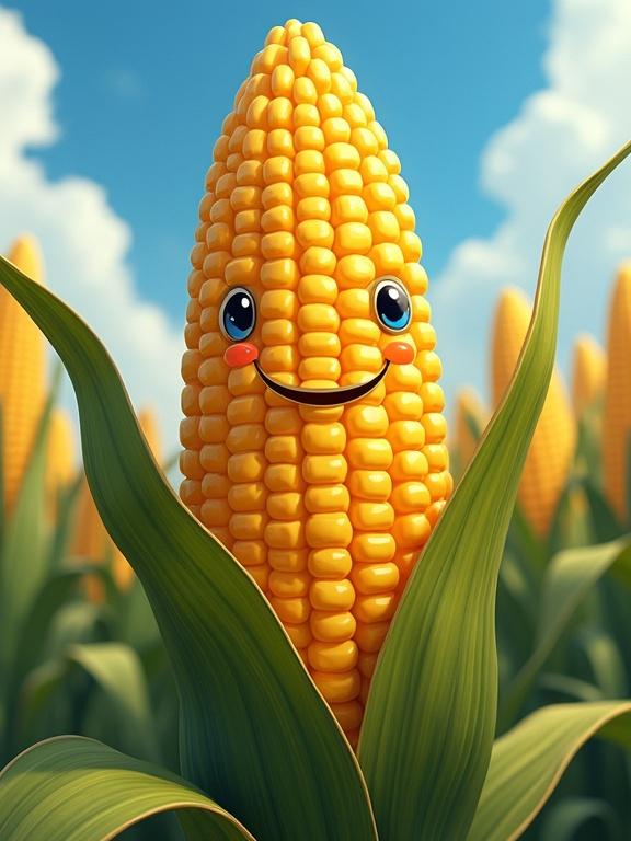 Create an epic anthropomorphic corn hero in a cel-shaded painterly 3D anime style. Depict a happy corn character with big eyes and a smiling face surrounded by cornfields and a blue sky.