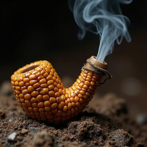 Pipe crafted from corn with smoke rising. Close-up view on textured surface of the corn pipe. Earthy background highlights the pipe's creativity.