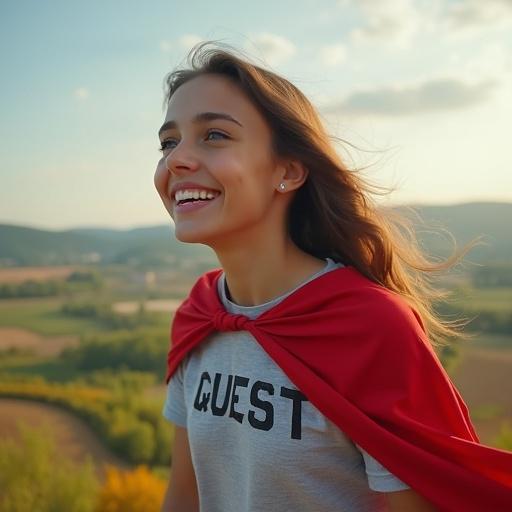 28 years old girl with flying cape over beautiful French fields. She radiates happiness and confidence. T-shirt shows the word quest.