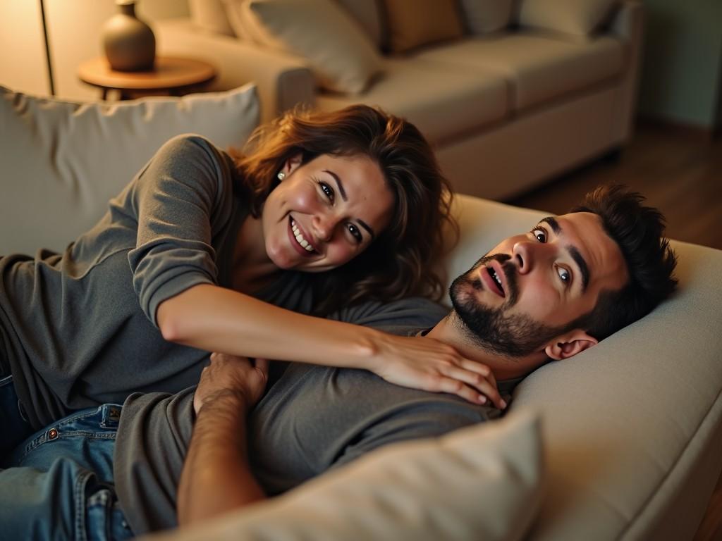 A scene unfolds in a cozy living room where a man is reclining on the sofa, looking surprised. He has a look of mock protest as a woman playfully drags him back into a playful embrace. Soft lighting fills the room, casting a warm ambiance. The couple is dressed casually, evoking a relaxed home atmosphere. This moment captures the joy and spontaneity of their relationship.