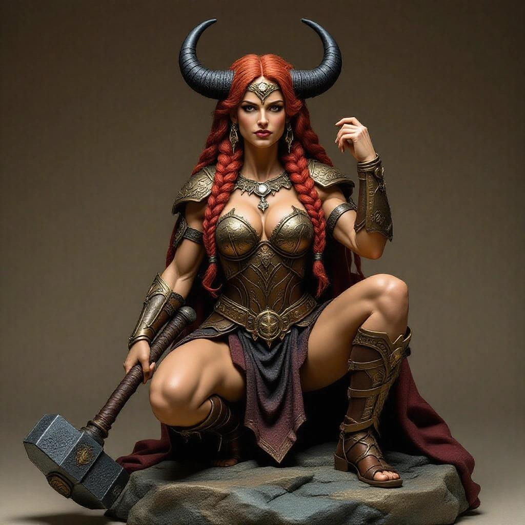 A resin statue representing a powerful goddess inspired by Taurus zodiac sign. Seated on a rock, a muscular woman with long, braided red hair strikes a thoughtful warrior pose. In her hand, a massive warhammer rests on the ground. She wears dark bronze and leather armor with intricate runes and bull horn motifs. Large black horns emerge from her head, creating a majestic presence. Dramatic lighting highlights every detail, creating an imposing aura.