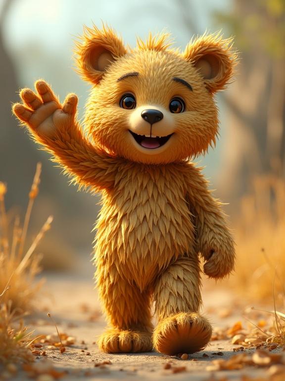 Adorable straw bear character waving gently with a friendly smile. Bear is furry with a golden color and has an inviting expression. Background consists of a serene natural setting with soft lighting and gentle colors. Bear moves slowly towards the camera, enhancing a sense of connection and friendliness.