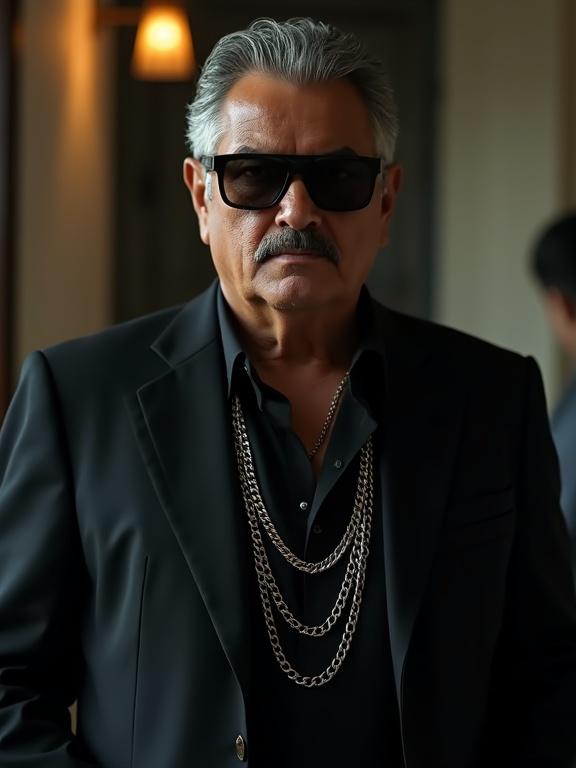 Middle-aged man wearing a stylish black blazer. Photo-realistic portrayal of a cartel leader. Chains adorning neck. Sunglasses reflecting a menacing vibe. Shaded light creating dramatic effects.