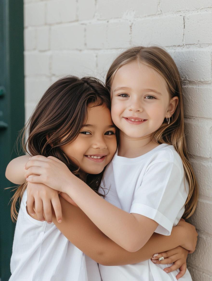 Two girls hugging each other and smiling. They are wearing white shirts. Their hair is styled differently. They look happy and close.