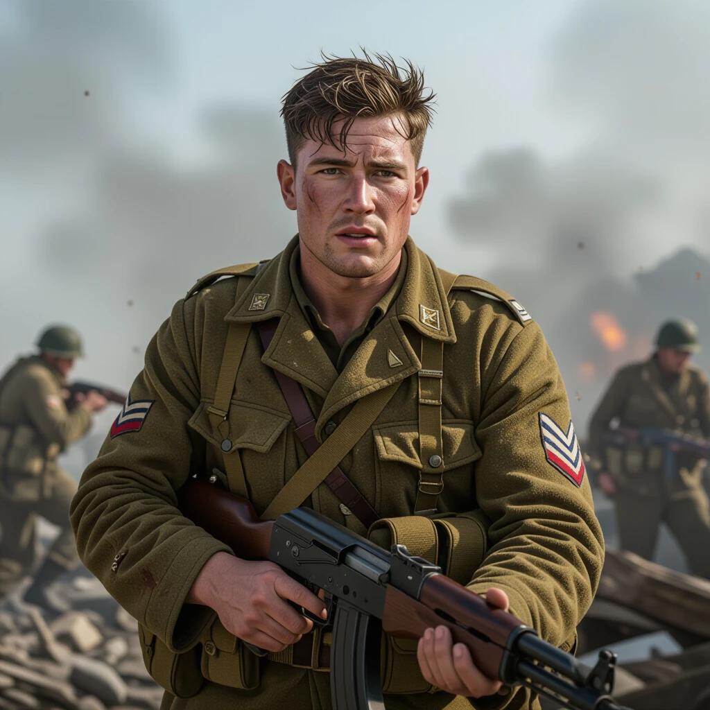 Ultra-detailed portrait of a WWII soldier in battle wearing a dirty and torn military uniform. Soldier depicts realistic facial expressions showing exhaustion and determination. He holds a rifle and is surrounded by smoke debris and explosions. The lighting is dramatic. The atmosphere is cinematic. The image contains highly detailed textures on face and clothing. The resolution is 4K. The style is hyper-realistic.