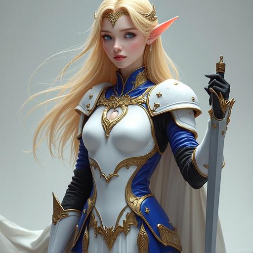 A female elf character with long pointed ears and golden blonde hair. She wears white and royal blue armor with gold accents and holds a sword. The armor features a heart-shaped detail and a flowing white cape. Her eyes are bright blue. The scene conveys a majestic and fantasy theme.