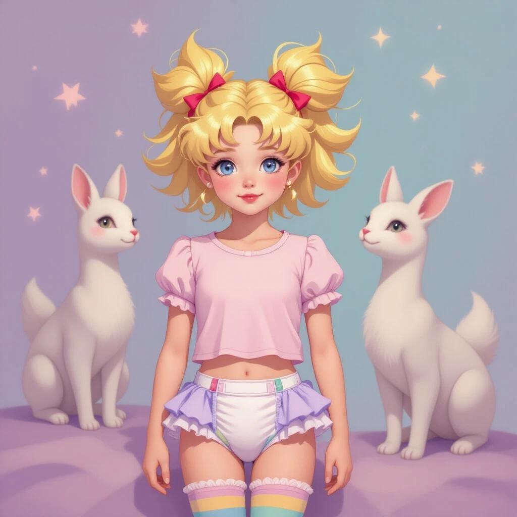 A whimsical illustration of a young child with spiky yellow hair and a small bow. Child wears a light pink shirt and a pastel diaper. Two white rabbits are beside her. Setting is magical with pastel colors. Background includes palm trees and clear water. Image has a diffuse glow and soft highlights.