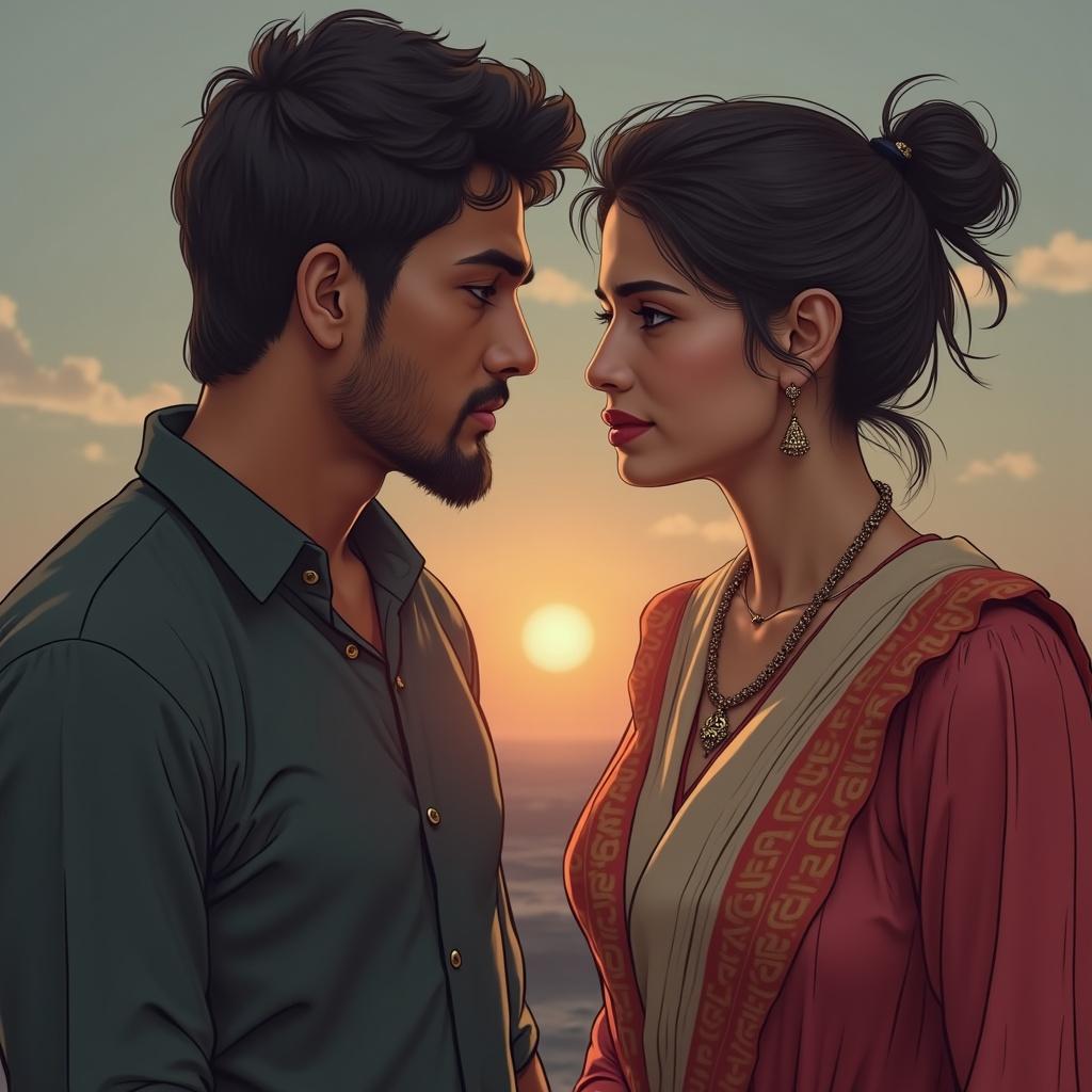 A couple stands side by side facing a sunset. The warm colors of the sky create a romantic atmosphere. The couple is dressed casually and appears deep in thought. They enjoy a serene moment together. Their expressions suggest peace and companionship.