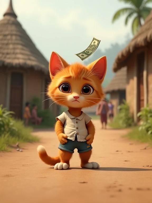Pixar-style 3D animation featuring a cute ginger kitten dressed in a torn t-shirt and shorts. Kitten stands on a dirt road looking down with an emotional expression. A human hand extends a stack of dollar bills towards the kitten. Villagers in the background are walking away, walking past traditional huts under an overcast sky. Vertical video format.